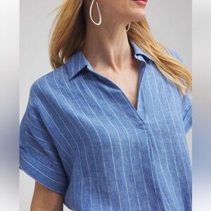 CHICO’S Linen Oversized Stripe Top | Blue | Medium (10)(Chico’s Size 1.5)